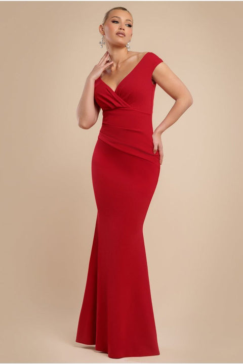 Bardot Pleated Maxi Dress - Red by Goddiva