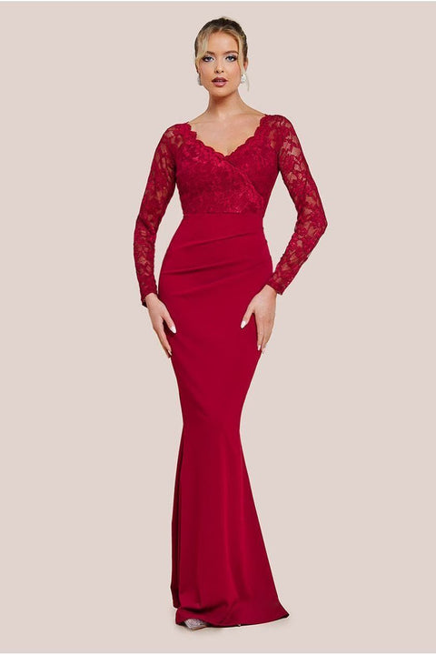 Scalloped Lace & Scuba Maxi Dress - Wine by Goddiva