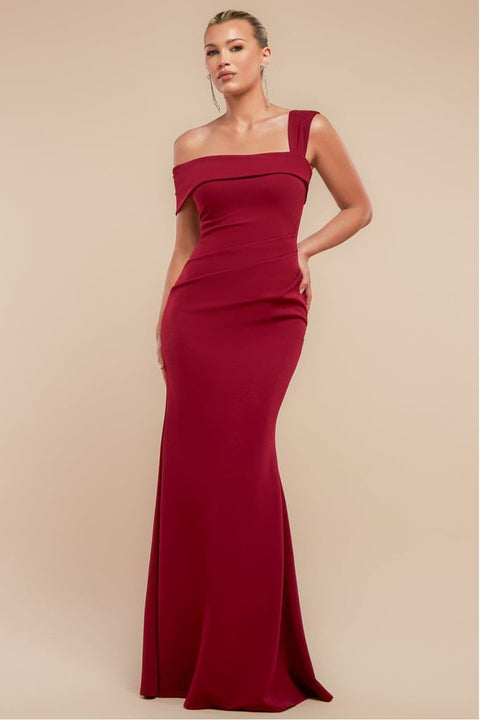 Off The Shoulder Pleated Waist Maxi Dress - Wine by Goddiva