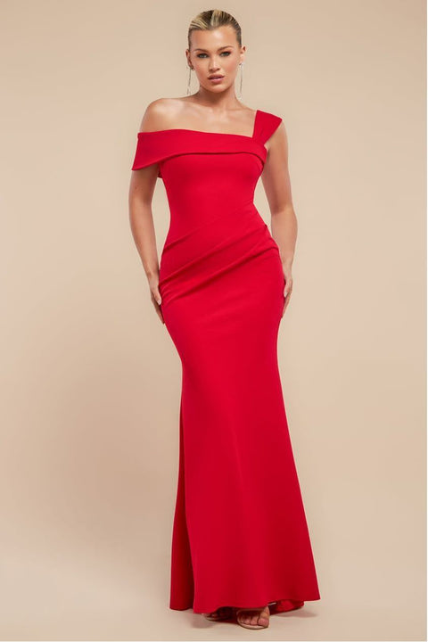 Off The Shoulder Pleated Waist Maxi Dress - Red by Goddiva