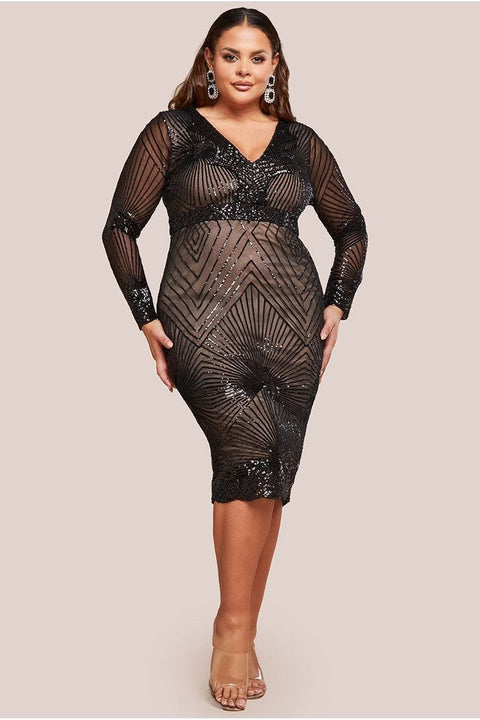 Scalloped Hem Starburst Midi Dress - Black by Goddiva Plus