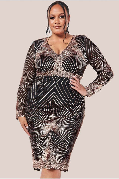 Scalloped Hem Starburst Midi Dress - Rose Gold by Goddiva Plus