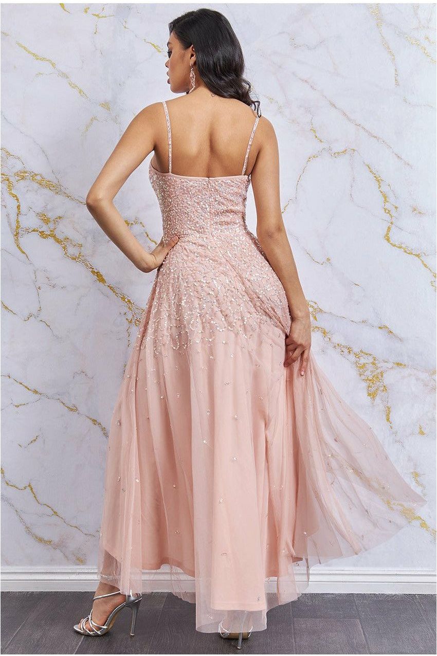 High Low Spaghetti Strap Maxi With Sequins - Peach DR2658