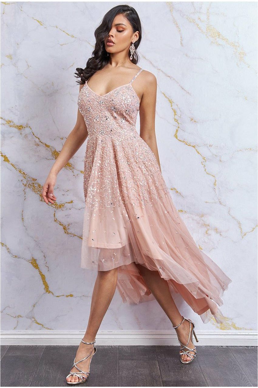 High Low Spaghetti Strap Maxi With Sequins - Peach DR2658