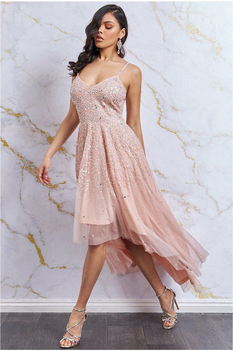 High Low Spaghetti Strap Maxi With Sequins - Peach by Goddiva