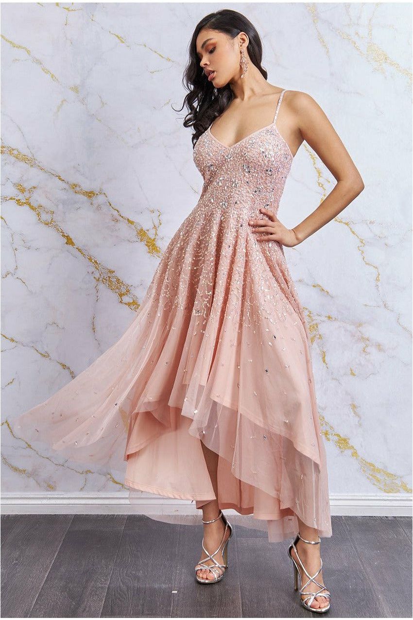 High Low Spaghetti Strap Maxi With Sequins - Peach DR2658