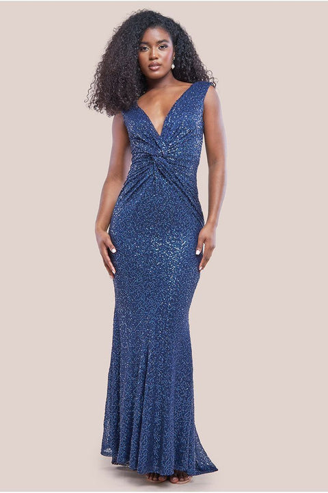 Twisted Front Sequin Maxi Dress - Navy by Goddiva