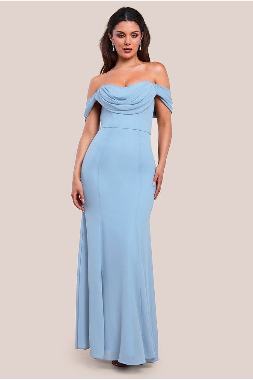 Chiffon Bardot Cowl Neck Maxi Dress - Duskyblue DR2781A