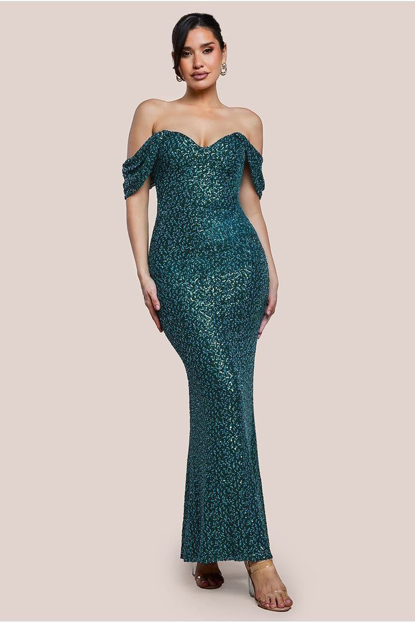 Off The Shoulder Sequin Wing Maxi - Emerald Green DR2791