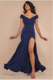Scuba Crepe Off Shoulder Front Split Maxi Dress - Navy Blue by Goddiva