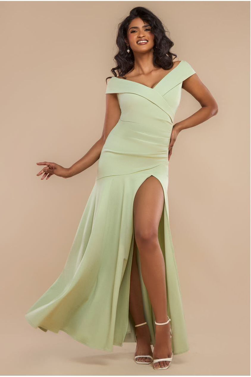 Scuba Crepe Off Shoulder Front Split Maxi Dress - Sage Green DR2930SC