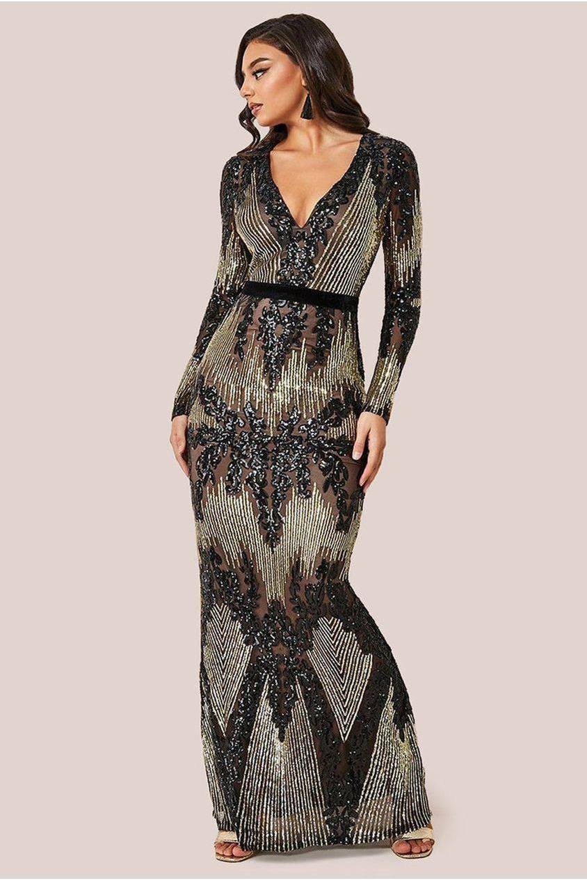 Long Sleeve Sequin Evening Maxi Dress - Black DR3016
