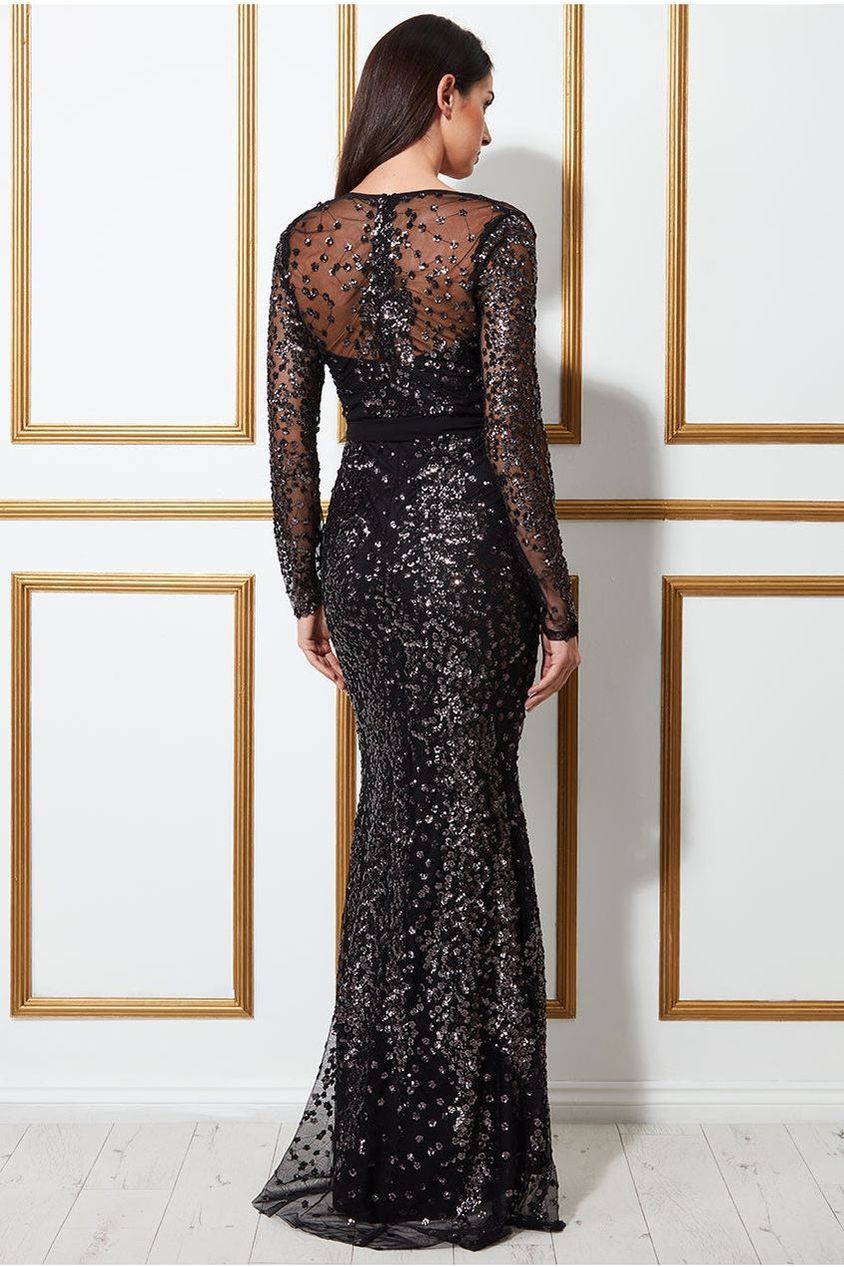 Spread On Sequin Maxi Dress With Belt - Black DR3029TEST