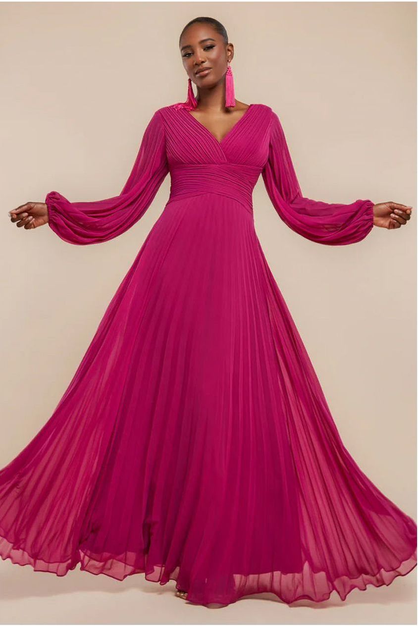 Balloon Sleeve Chiffon Maxi Dress - Magenta DR3041QZ