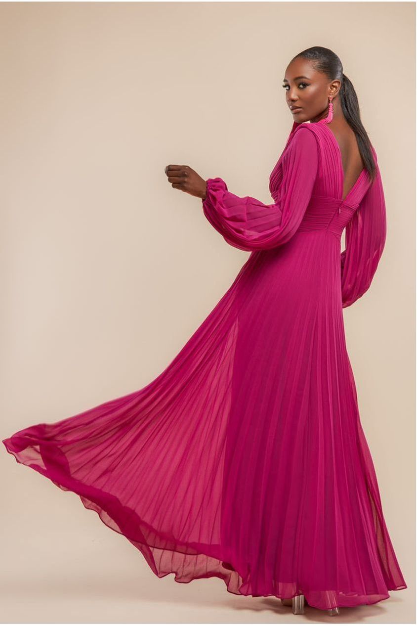 Balloon Sleeve Chiffon Maxi Dress - Magenta DR3041QZ