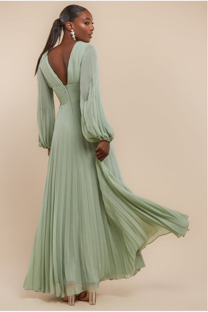 Balloon Sleeve Chiffon Maxi Dress  - Sage Green DR3041QZ