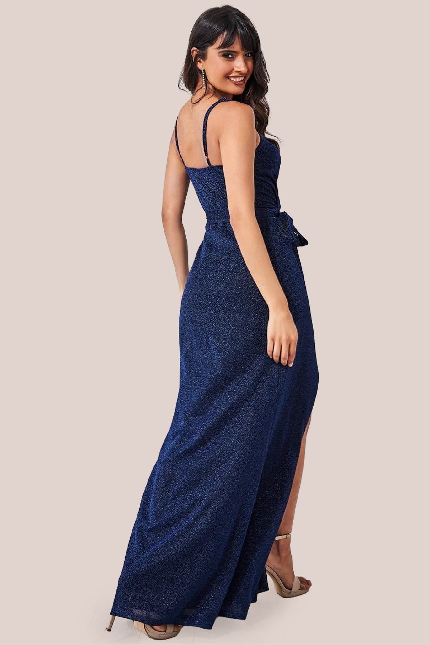 Wrap Style Spaghetti Strap Maxi With Split - Navy DR3137A