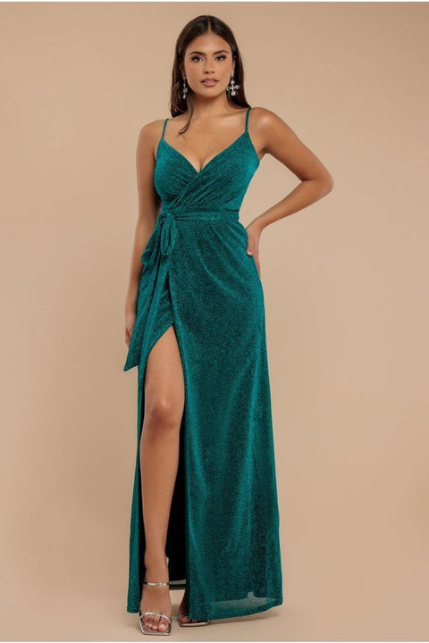 Wrap Style Spaghetti Strap Maxi With Split - Emerald by Goddiva