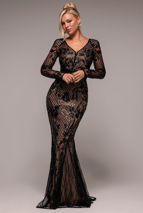 Full Sleeve Sequin Evening Dress - Black by Goddiva