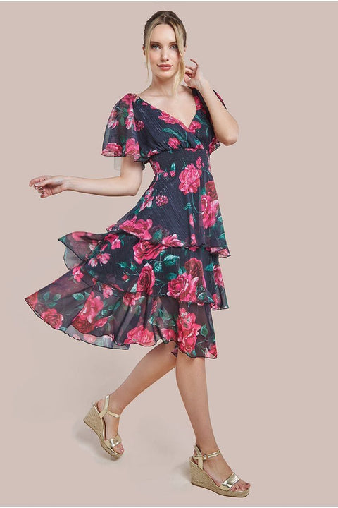 Layered Floral Midi Flutter Sleeves - Blackfloral by Goddiva