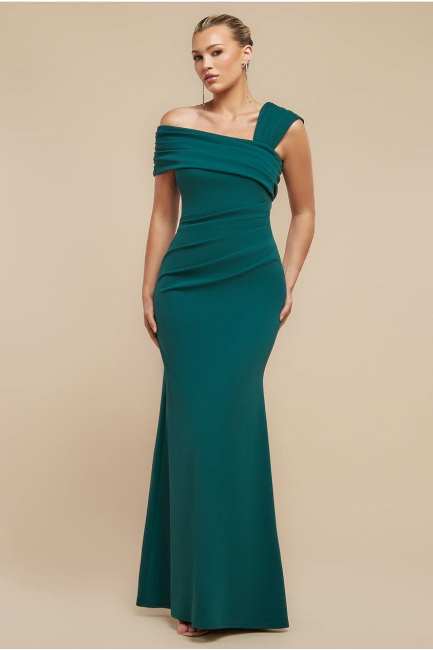One Shoulder Evening Maxi Dress - Emerald Green DR3231