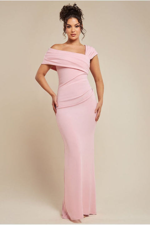 One Shoulder Scuba Crepe Evening Maxi Dress - Blush Pink by Goddiva