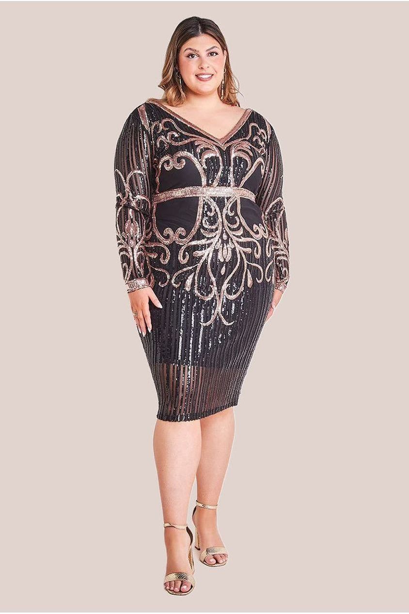 Sequin Mesh V Neck Midi Dress - Black DR3234P