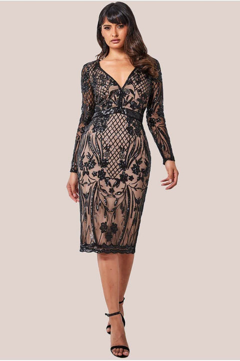 Full Sleeve Sequin Midi Dress - Black by Goddiva