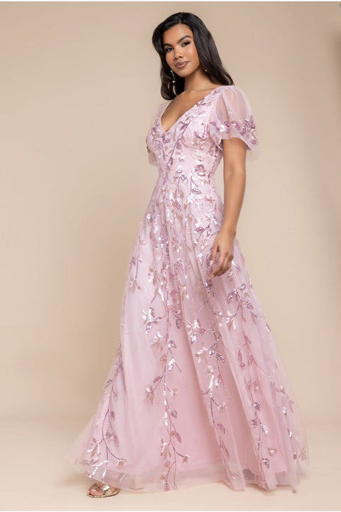 Flared Sleeve Embroidered Maxi Dress - Blush Pink by Goddiva