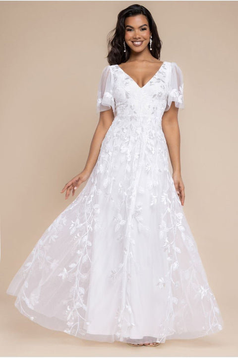 Flared Sleeve Embroidered Maxi Dress - White by Goddiva