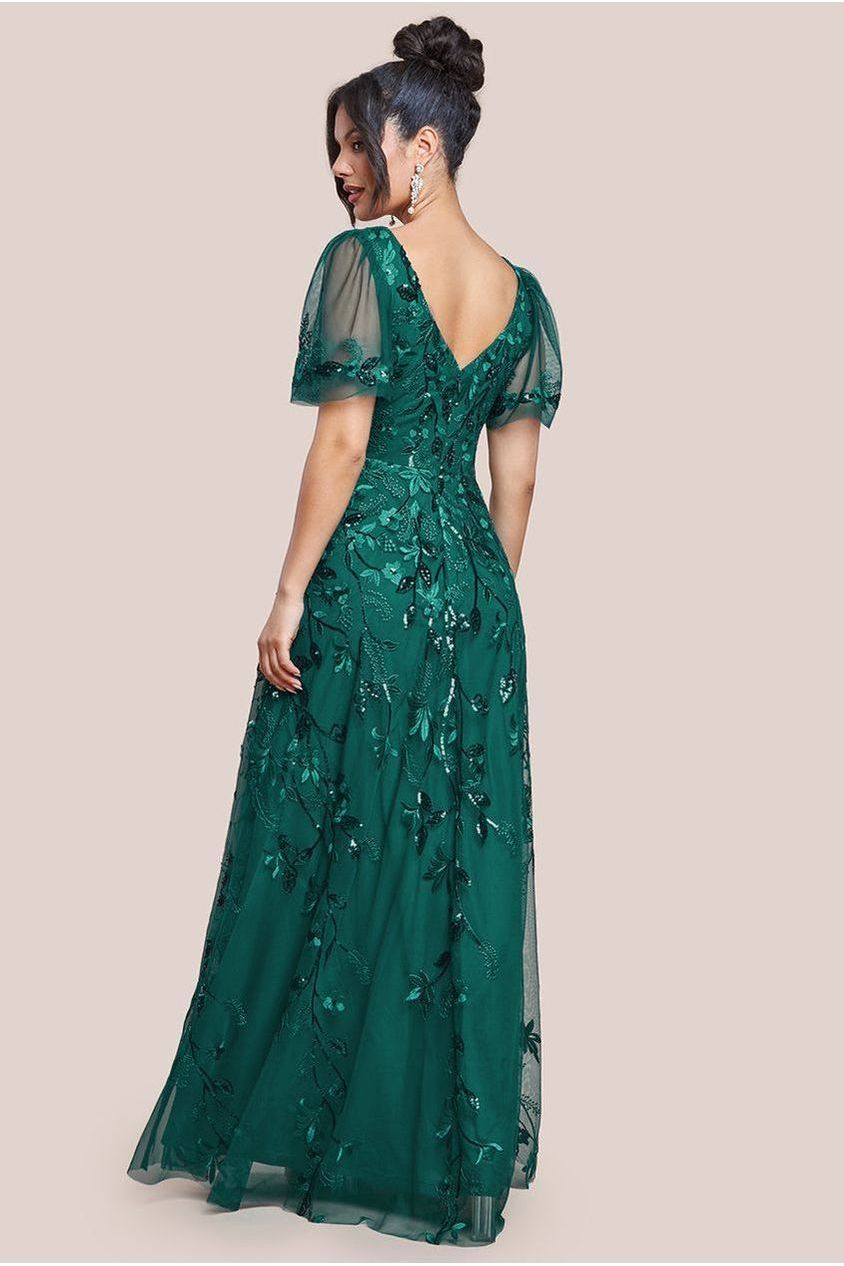 Flared Sleeve Embroidered Maxi Dress - Emerald Green DR3279