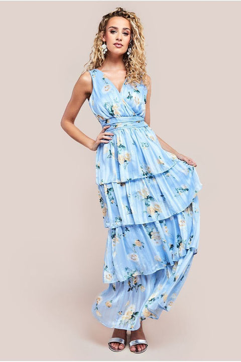 Tiered Chiffon Floral Maxi Dress - Powder Blue by Goddiva