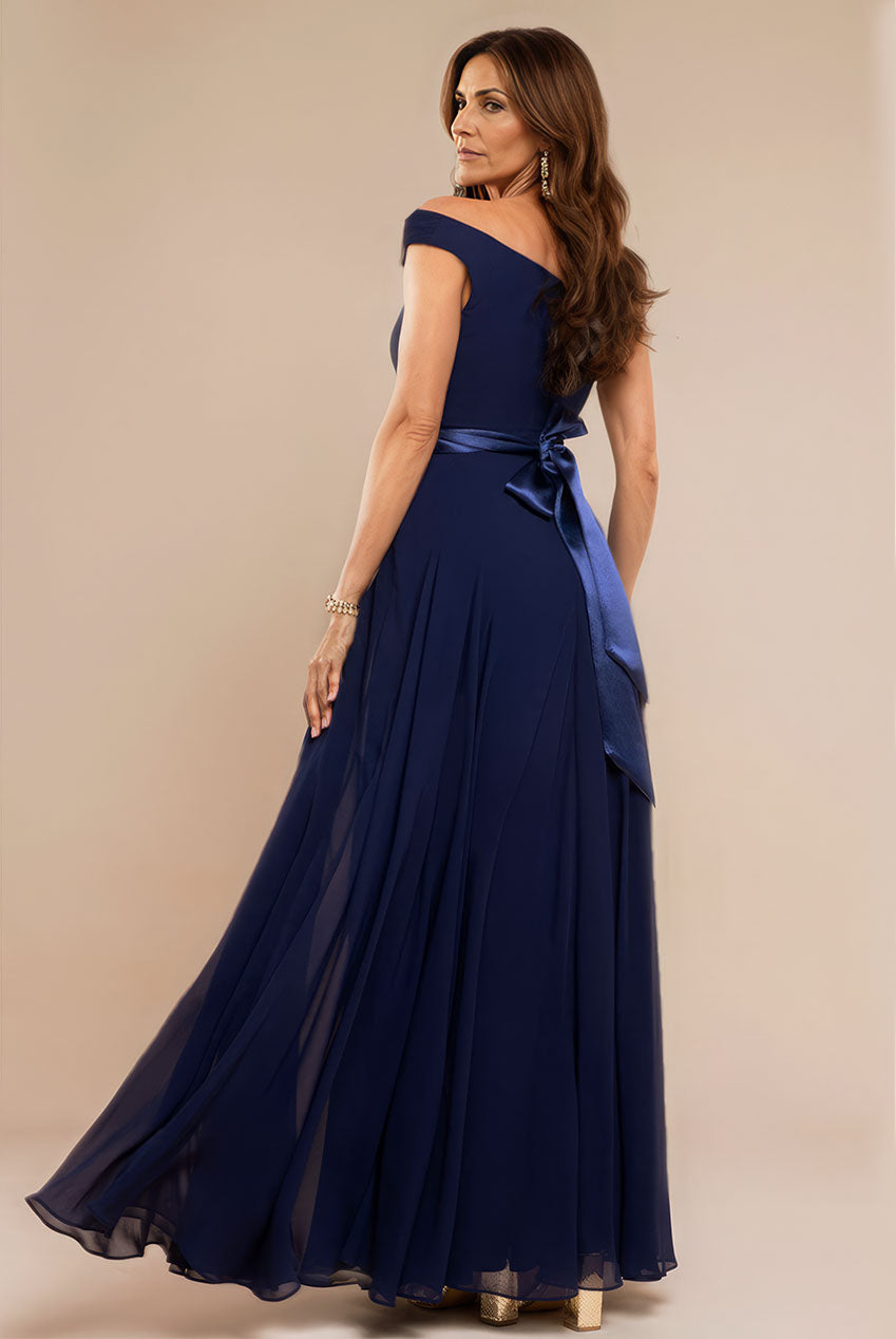 Cowl Neck Chiffon Maxi Dress - Navy Blue DR3335M