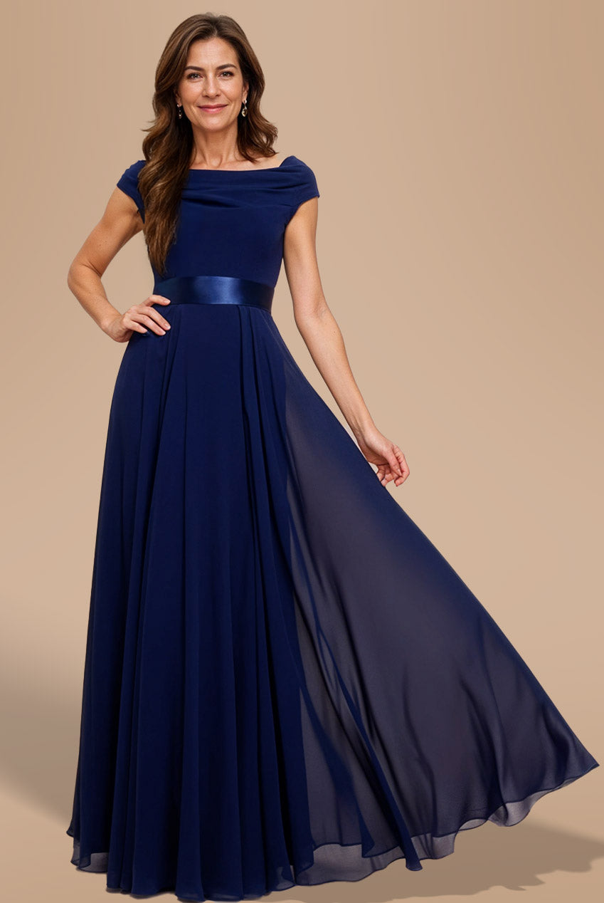 Cowl Neck Chiffon Maxi Dress - Navy Blue DR3335M