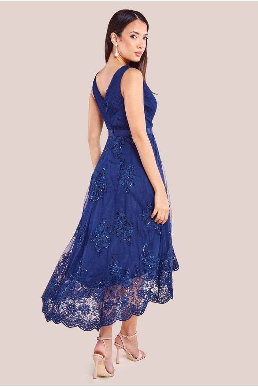 Pleated Satin Bodice High And Low Dress - Navy DR3337QZ