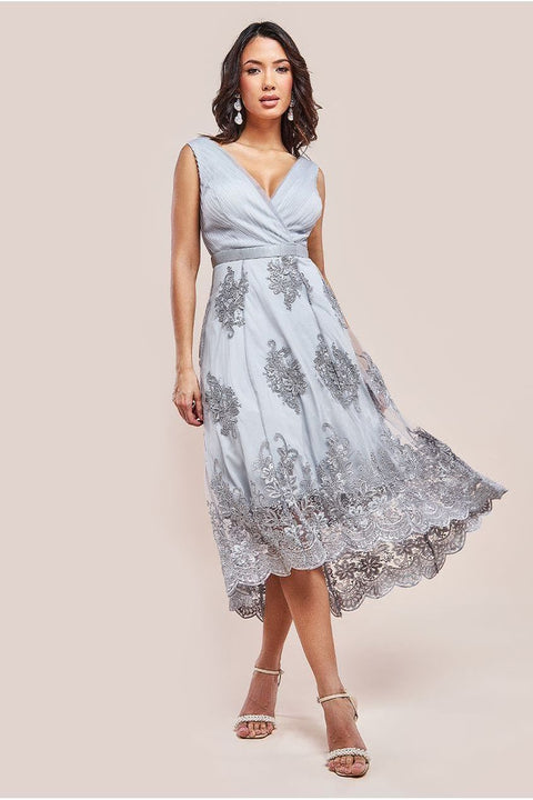 Pleated Satin Bodice High And Low Dress - Grey by Goddiva