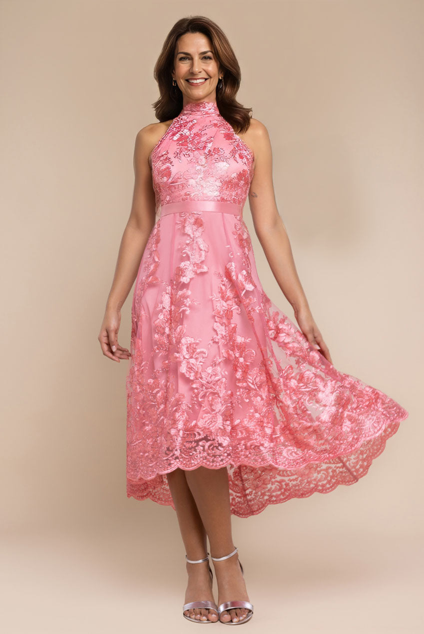 Halter Neck Lace High And Low Dress - Coral DR3346M