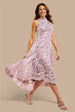 Halter Neck Lace High And Low Dress - Blush Pink by Goddiva