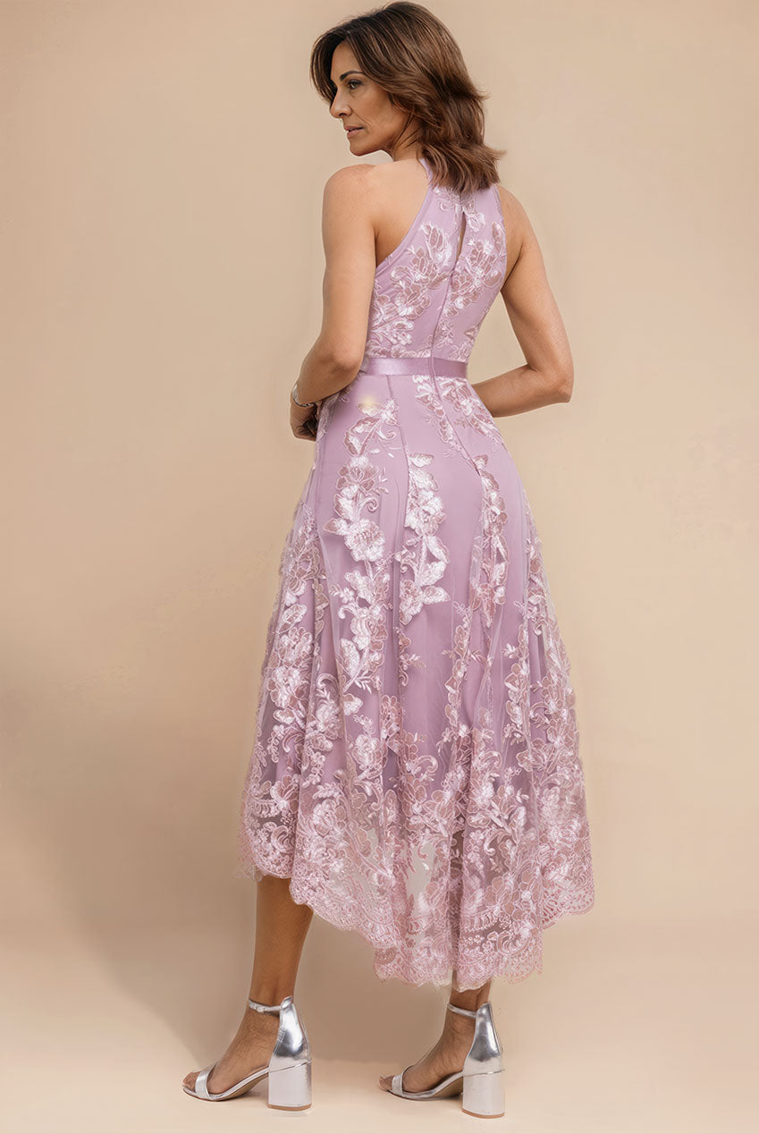 Halter Neck Lace High And Low Dress - Blush Pink DR3346M