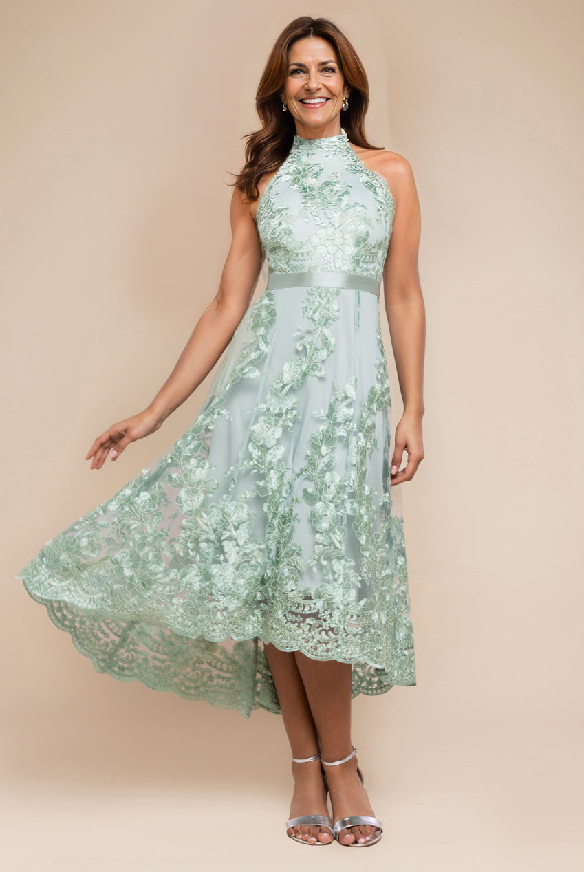 Halter Neck Lace High And Low Dress - Sage Green DR3346M