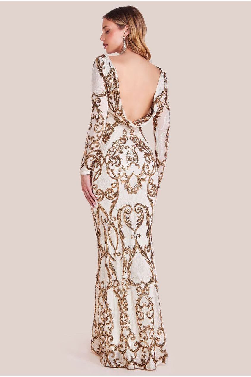 Sequin Cowl Back Maxi -  Cream DR3420