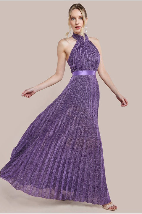 Lurex Halterneck Pleated Maxi Dress - Purple by Goddiva