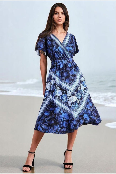 Flutter Sleeve Wrap Style Midi Dress - Navy by Goddiva