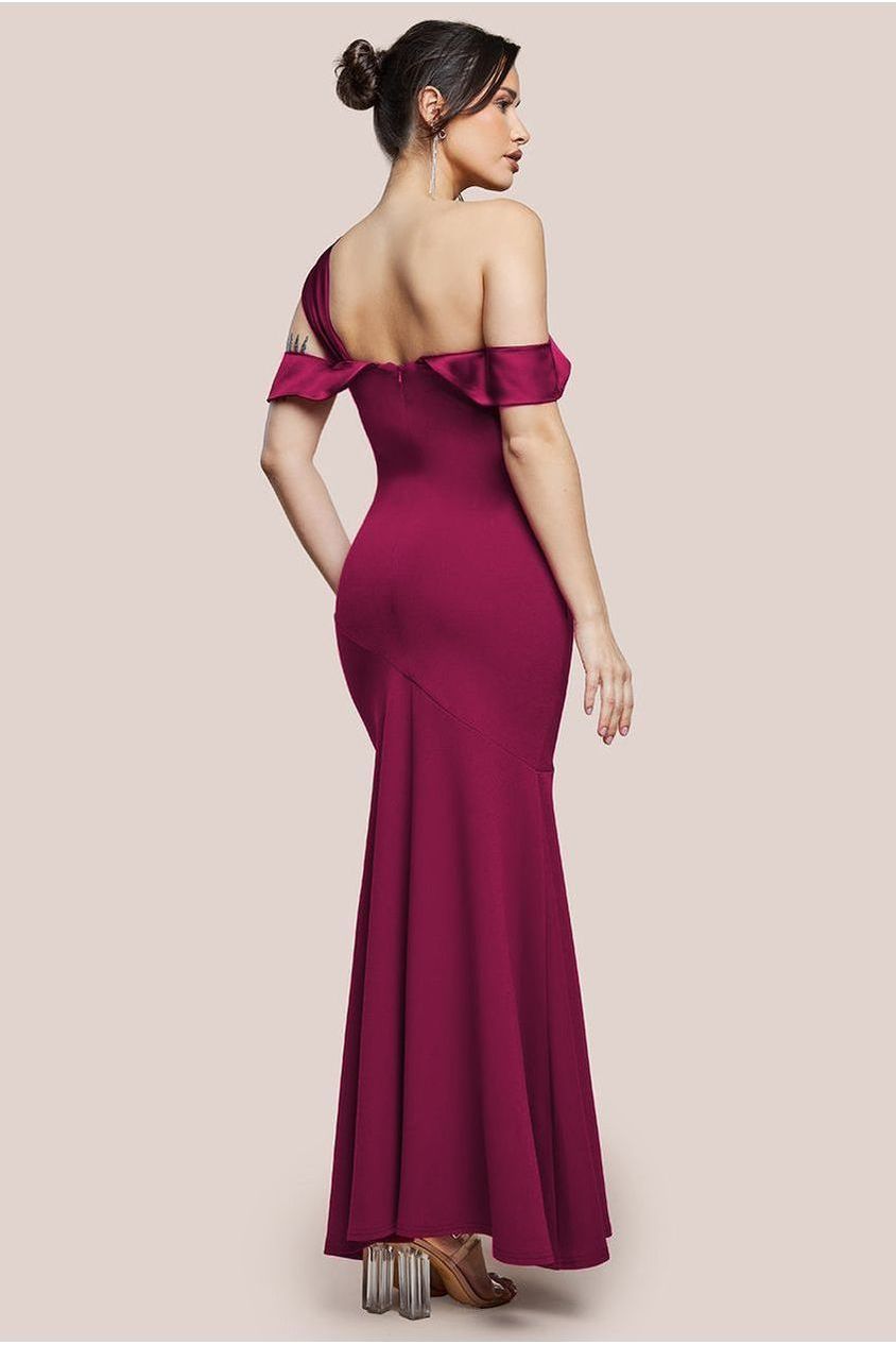 One Shoulder Satin Band Maxi Dress - Burgundy DR3454
