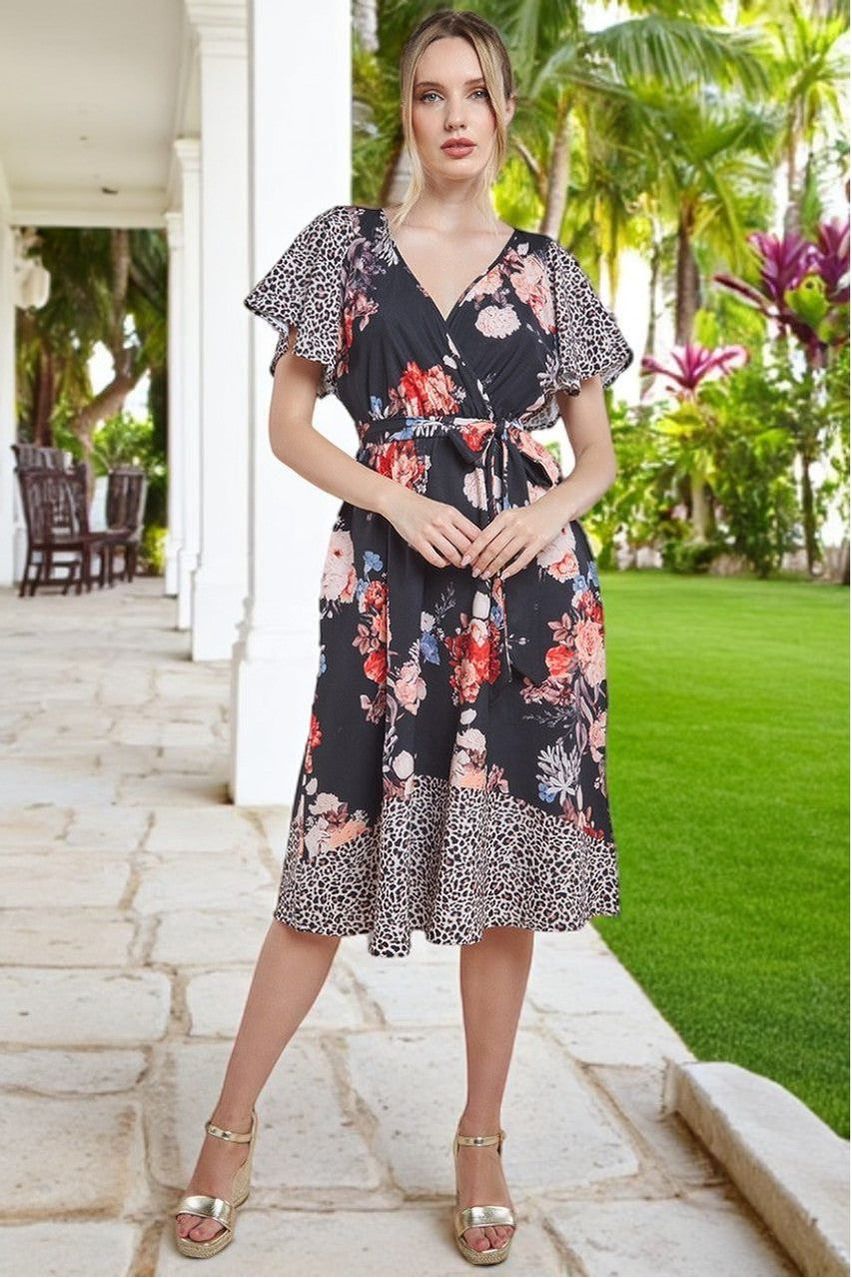 Flutter Sleeve Printed Midi Dress - Leopard Print DR3462