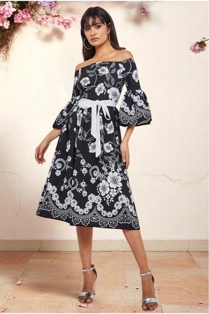 Printed Off The Shoulder Midi Dress - Black DR3467