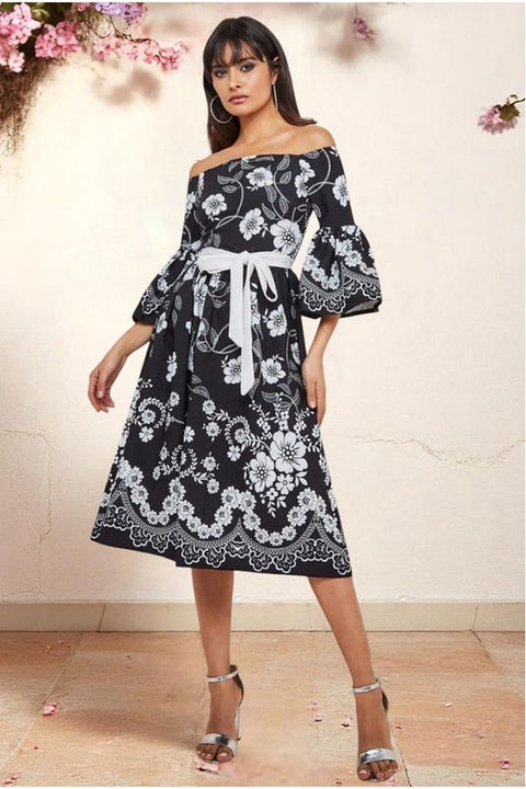 Printed Off The Shoulder Midi Dress - Black by Goddiva