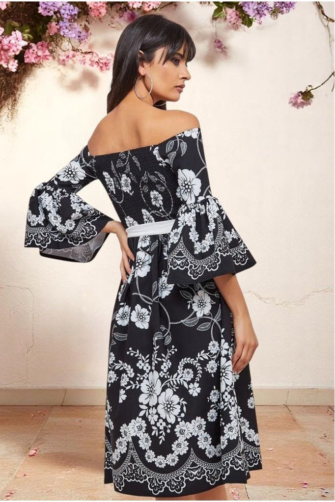 Printed Off The Shoulder Midi Dress - Black DR3467