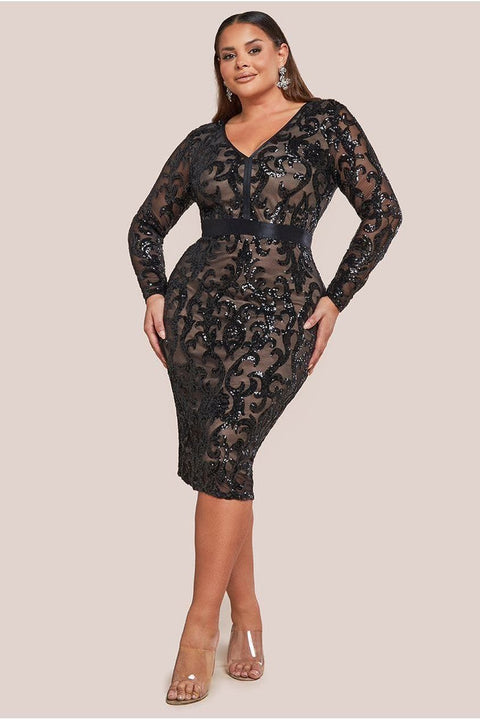 Sequin & Mesh Midi Dress - Black by Goddiva Plus