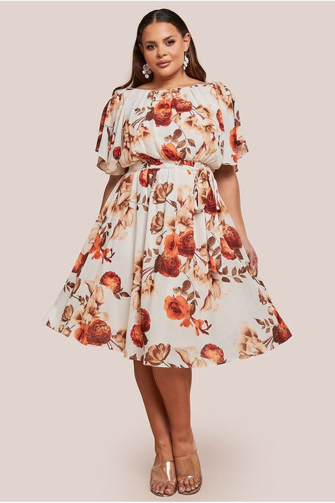 Wrap Back Flutter Sleeve Midi Dress - Beige by Goddiva Plus